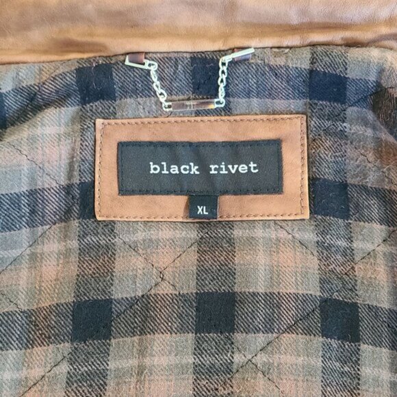 Black Rivet Brown Leather Hooded Jacket Coat Faux Fur Flannel Lined Rugged XL - Picture 8 of 9